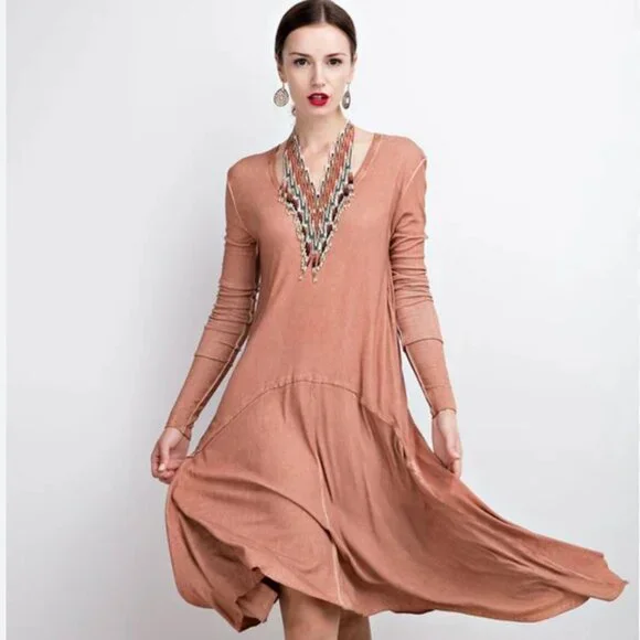 Easel L Boho Lagenlook Dress Asymmetrical Hem Slouchy Minimalist Beach - Picture 1 of 11